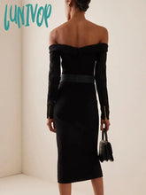 Lunivop Women Celebrity Sexy Off Shoulder Zipper Long Sleeve Black Belt Midi Bodycon Bandage Dress